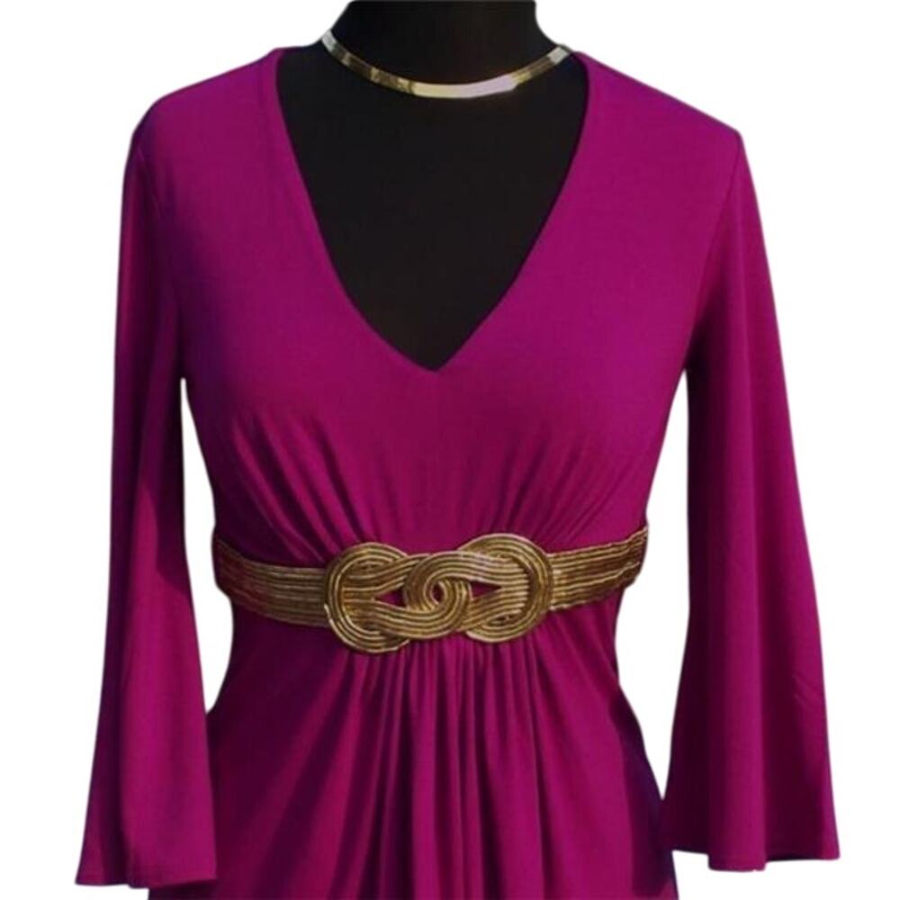 Cache Empire Bust Gold Metal Grecian Gold Self Belt Top New Ruched Plum NWT $118